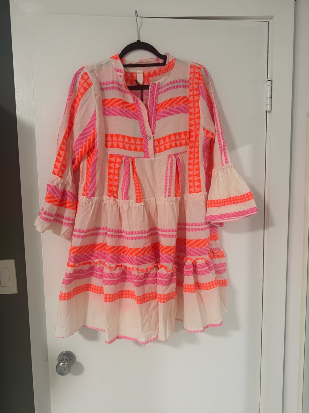 Instax Pink & Neon Orange Striped Tiered Dress